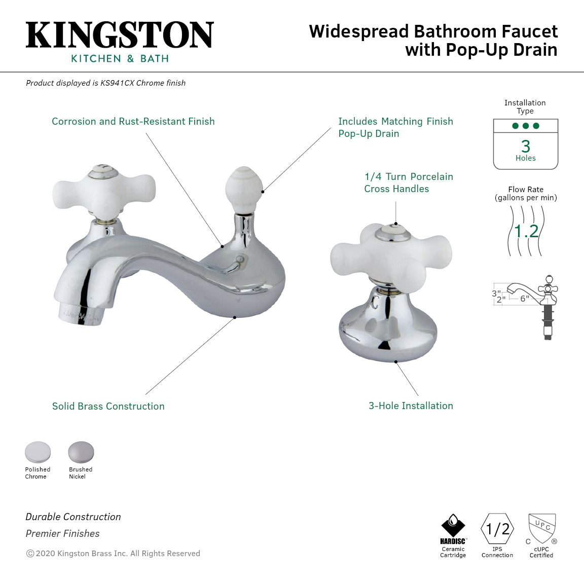 Kingston Heirloom KS948CXTwo-Handle 3-Hole Deck Mount Widespread Bathroom Faucet with ABS Pop-Up Drain, Brushed Nickel — thumbnail 2
